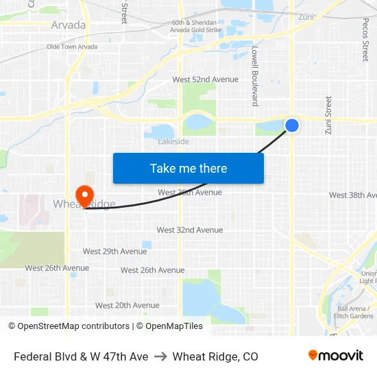 Federal Blvd & W 47th Ave to Wheat Ridge, CO map