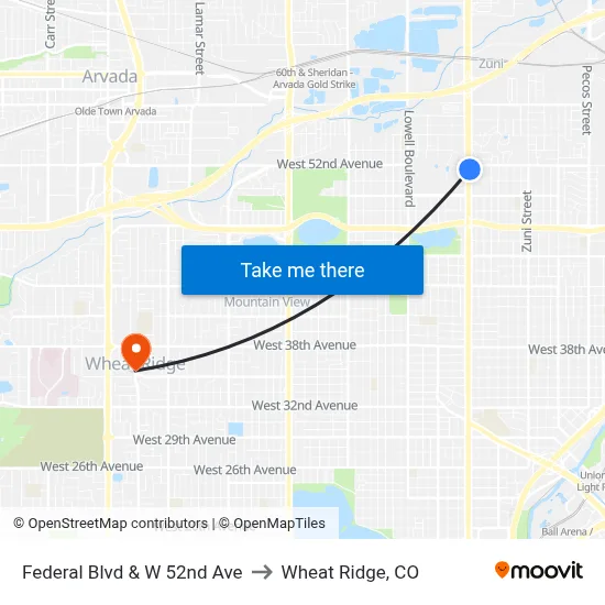 Federal Blvd & W 52nd Ave to Wheat Ridge, CO map