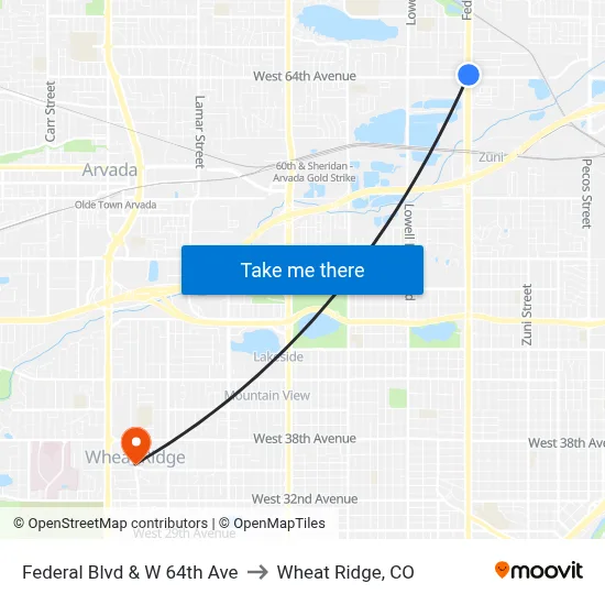 Federal Blvd & W 64th Ave to Wheat Ridge, CO map