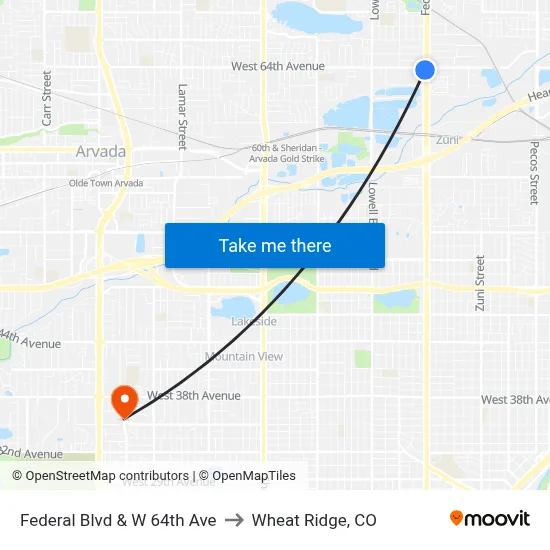 Federal Blvd & W 64th Ave to Wheat Ridge, CO map