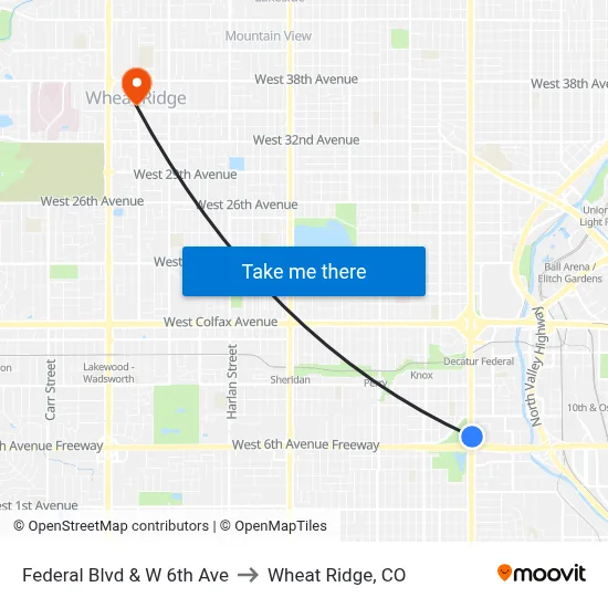 Federal Blvd & W 6th Ave to Wheat Ridge, CO map