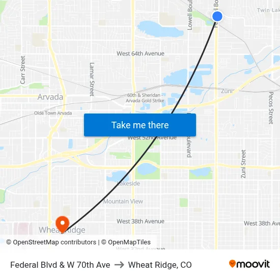 Federal Blvd & W 70th Ave to Wheat Ridge, CO map