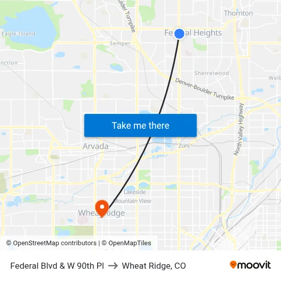 Federal Blvd & W 90th Pl to Wheat Ridge, CO map
