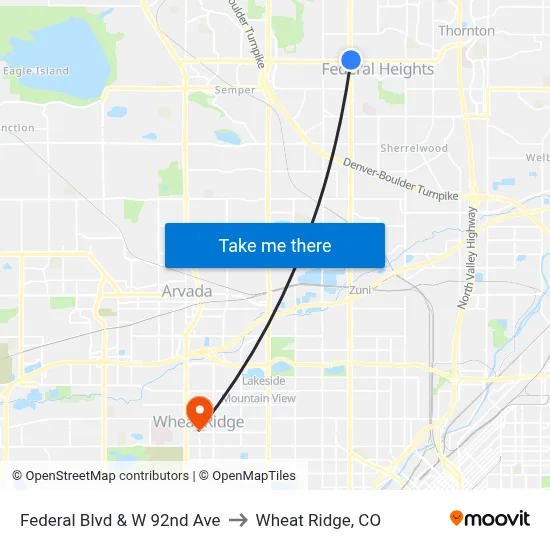 Federal Blvd & W 92nd Ave to Wheat Ridge, CO map
