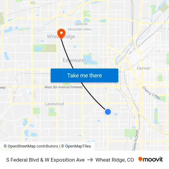 S Federal Blvd & W Exposition Ave to Wheat Ridge, CO map