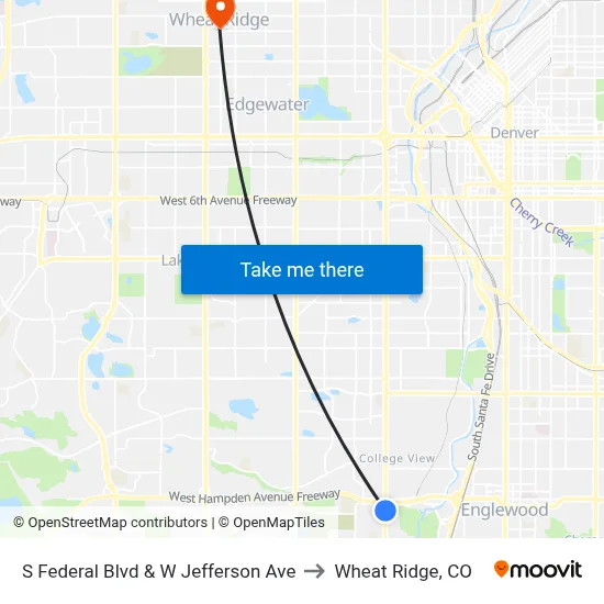 S Federal Blvd & W Jefferson Ave to Wheat Ridge, CO map