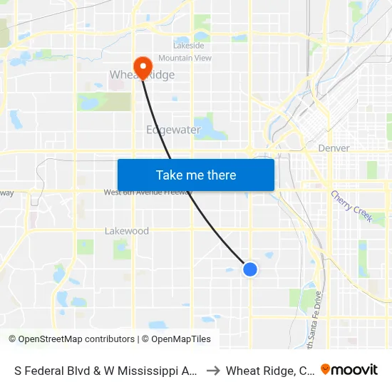 S Federal Blvd & W Mississippi Ave to Wheat Ridge, CO map