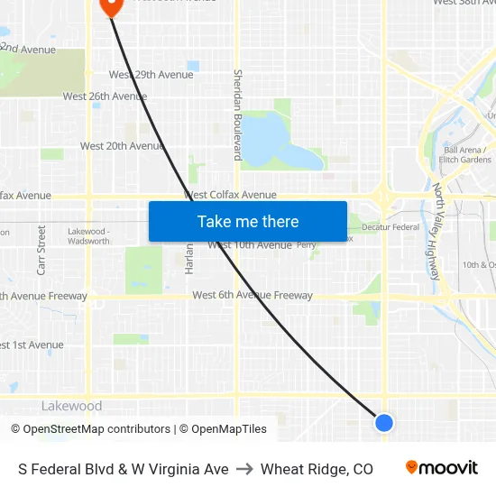 S Federal Blvd & W Virginia Ave to Wheat Ridge, CO map
