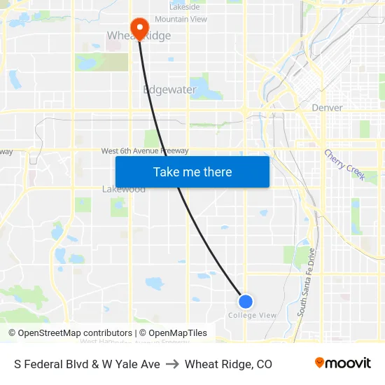 S Federal Blvd & W Yale Ave to Wheat Ridge, CO map