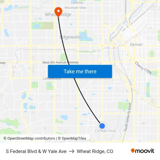 S Federal Blvd & W Yale Ave to Wheat Ridge, CO map
