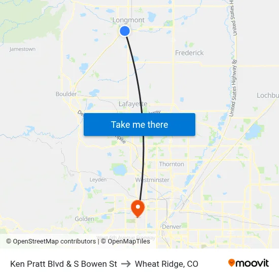 Ken Pratt Blvd & S Bowen St to Wheat Ridge, CO map