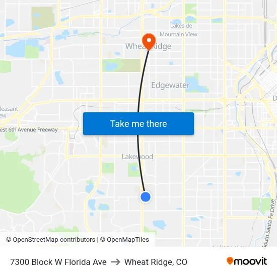 7300 Block W Florida Ave to Wheat Ridge, CO map