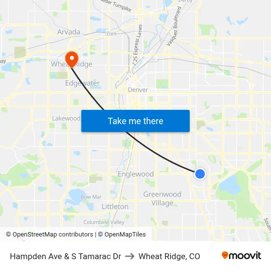 Hampden Ave & S Tamarac Dr to Wheat Ridge, CO map