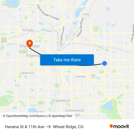 Havana St & 11th Ave to Wheat Ridge, CO map