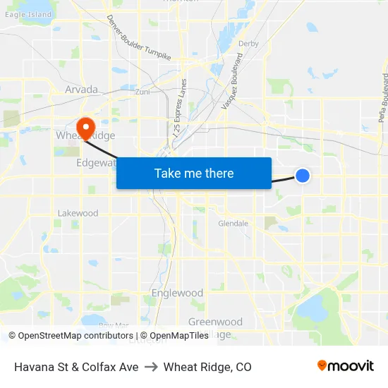 Havana St & Colfax Ave to Wheat Ridge, CO map