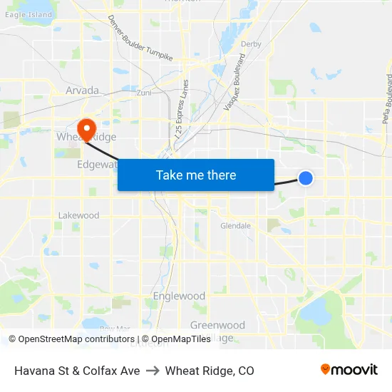 Havana St & Colfax Ave to Wheat Ridge, CO map