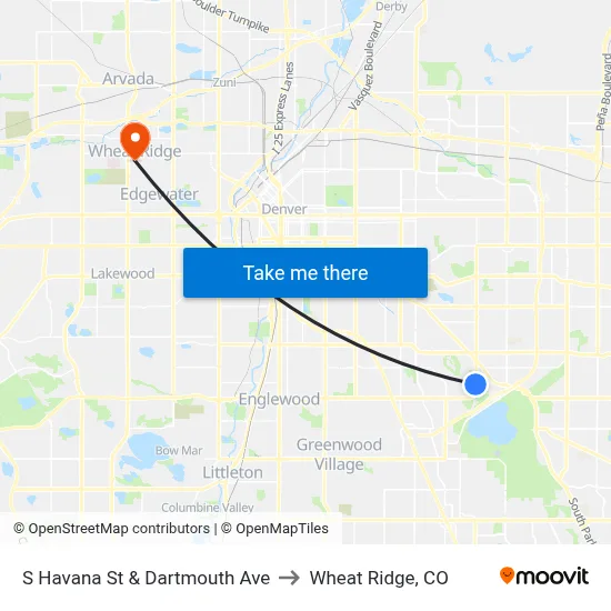 S Havana St & Dartmouth Ave to Wheat Ridge, CO map