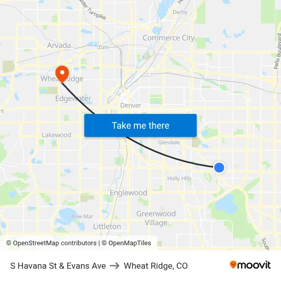 S Havana St & Evans Ave to Wheat Ridge, CO map