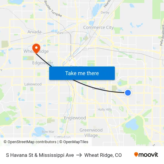 S Havana St & Mississippi Ave to Wheat Ridge, CO map
