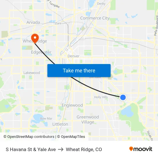 S Havana St & Yale Ave to Wheat Ridge, CO map