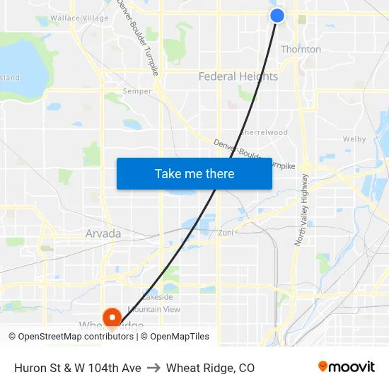 Huron St & W 104th Ave to Wheat Ridge, CO map