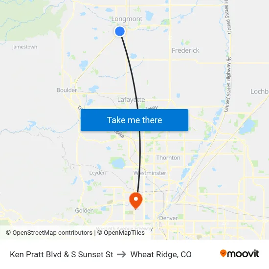 Ken Pratt Blvd & S Sunset St to Wheat Ridge, CO map