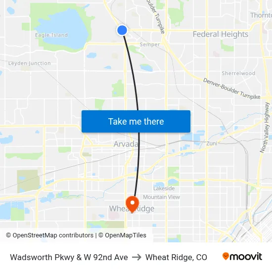 Wadsworth Pkwy & W 92nd Ave to Wheat Ridge, CO map