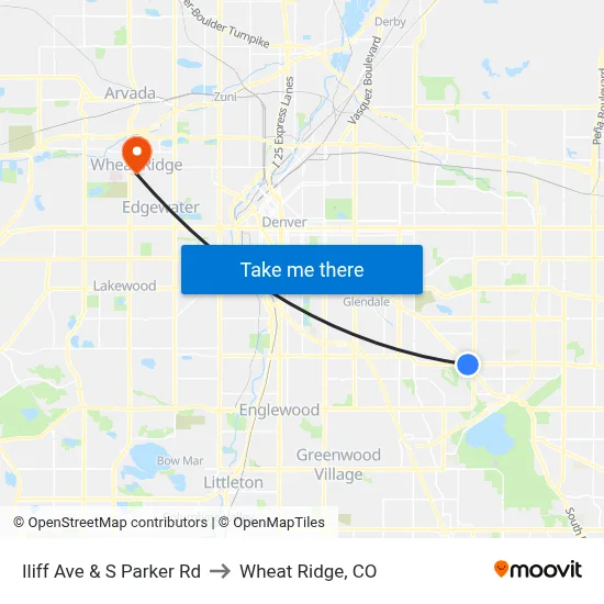 Iliff Ave & S Parker Rd to Wheat Ridge, CO map
