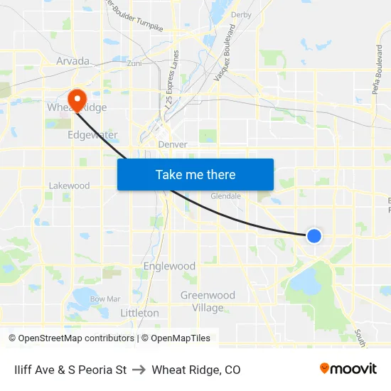 Iliff Ave & S Peoria St to Wheat Ridge, CO map