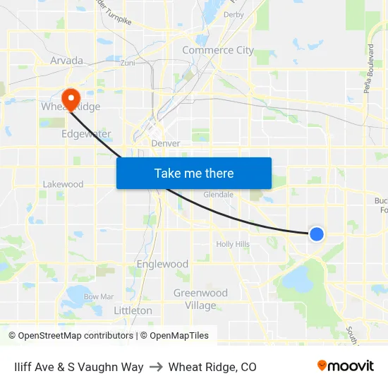Iliff Ave & S Vaughn Way to Wheat Ridge, CO map