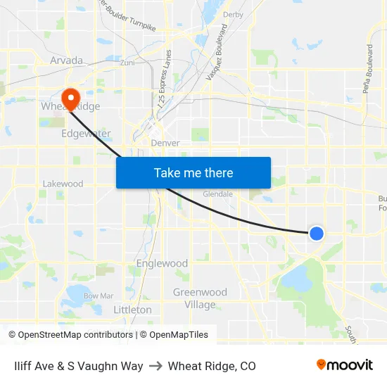 Iliff Ave & S Vaughn Way to Wheat Ridge, CO map