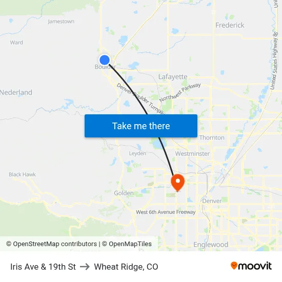 Iris Ave & 19th St to Wheat Ridge, CO map