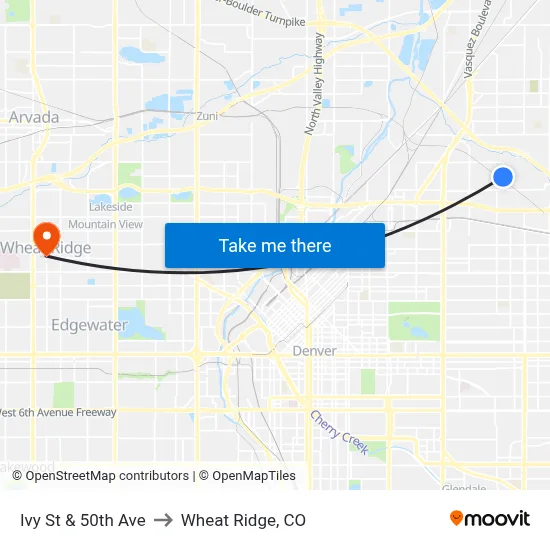Ivy St & 50th Ave to Wheat Ridge, CO map