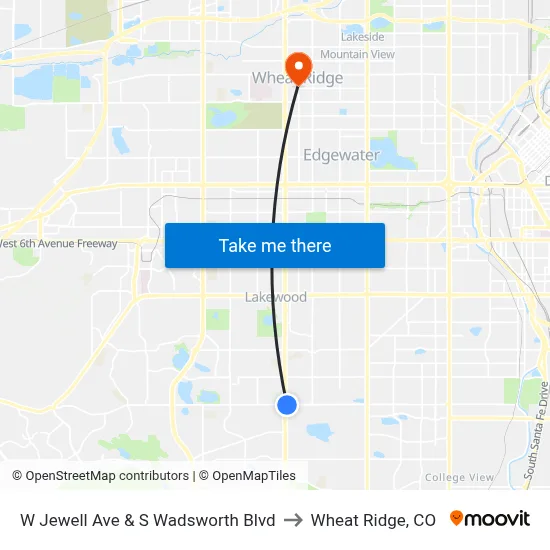W Jewell Ave & S Wadsworth Blvd to Wheat Ridge, CO map