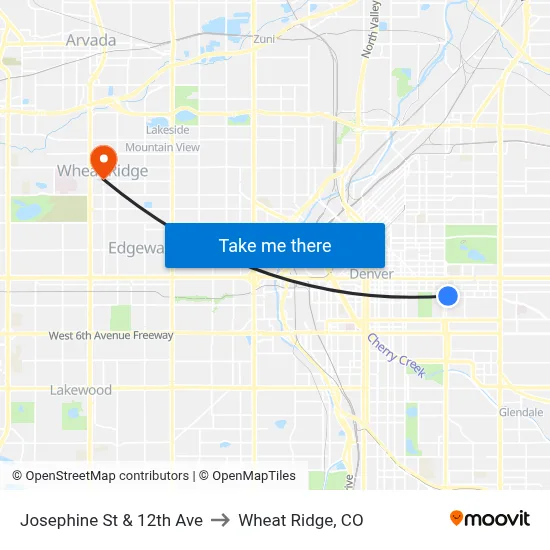 Josephine St & 12th Ave to Wheat Ridge, CO map