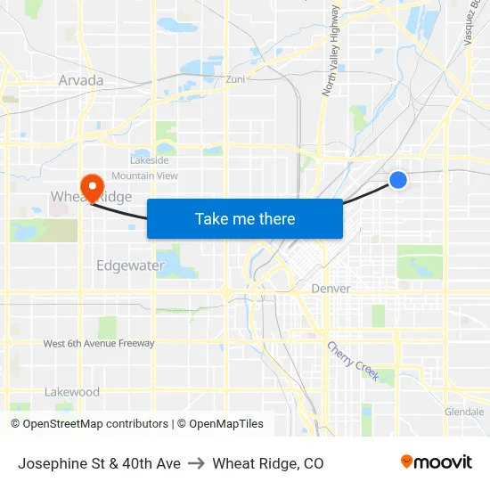 Josephine St & 40th Ave to Wheat Ridge, CO map