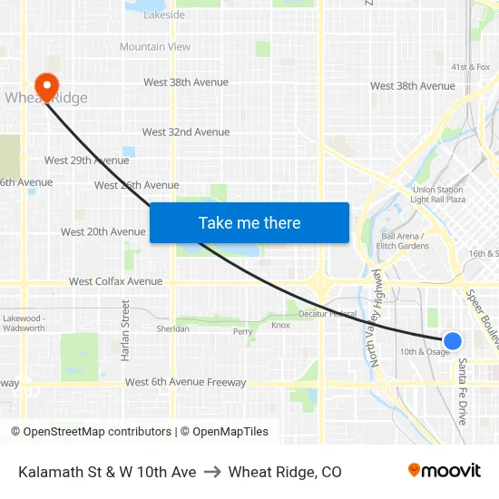 Kalamath St & W 10th Ave to Wheat Ridge, CO map