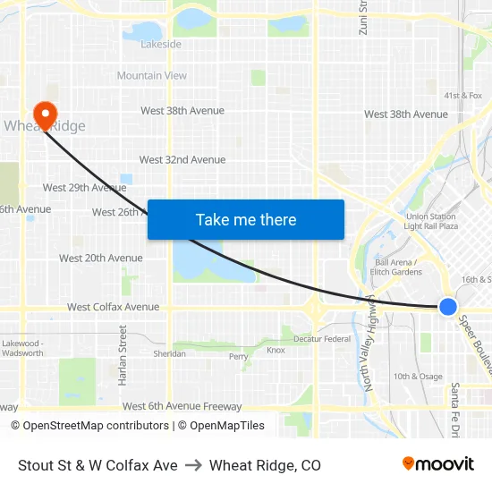 Stout St & W Colfax Ave to Wheat Ridge, CO map