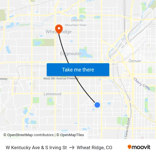 W Kentucky Ave & S Irving St to Wheat Ridge, CO map
