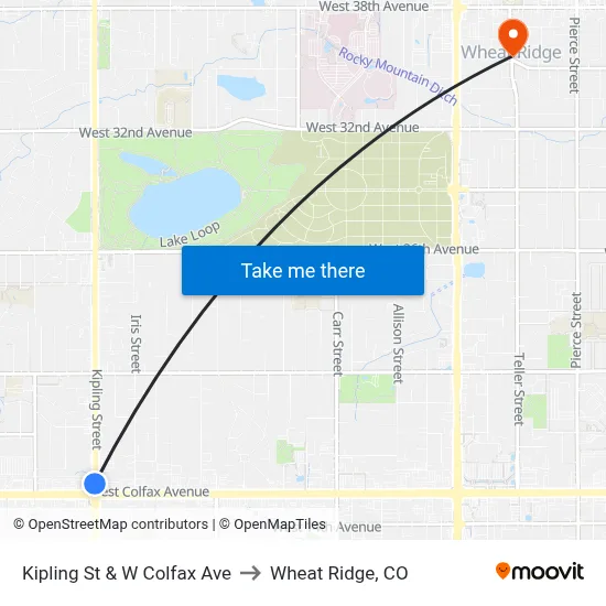 Kipling St & W Colfax Ave to Wheat Ridge, CO map