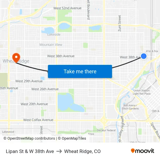 Lipan St & W 38th Ave to Wheat Ridge, CO map