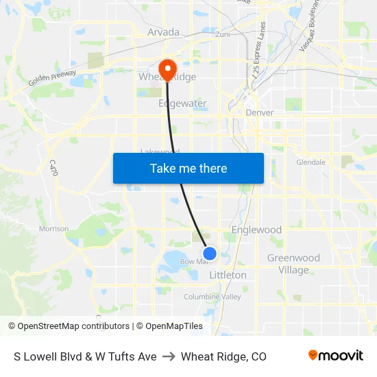 S Lowell Blvd & W Tufts Ave to Wheat Ridge, CO map