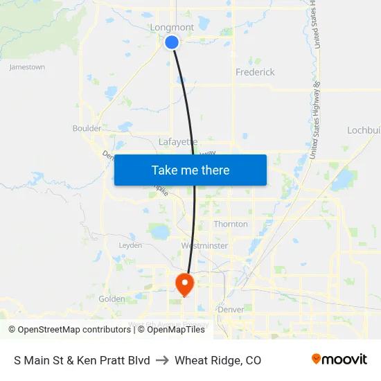 S Main St & Ken Pratt Blvd to Wheat Ridge, CO map