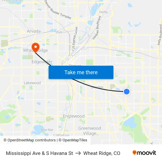 Mississippi Ave & S Havana St to Wheat Ridge, CO map