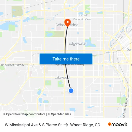 W Mississippi Ave & S Pierce St to Wheat Ridge, CO map