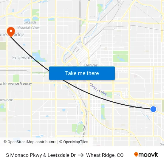 S Monaco Pkwy & Leetsdale Dr to Wheat Ridge, CO map