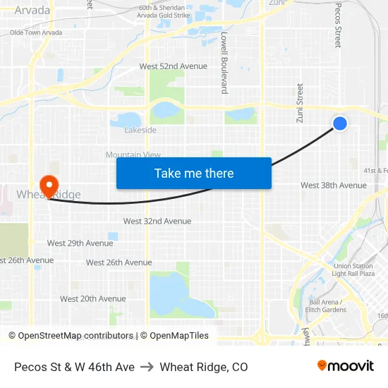 Pecos St & W 46th Ave to Wheat Ridge, CO map