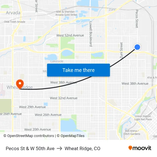 Pecos St & W 50th Ave to Wheat Ridge, CO map