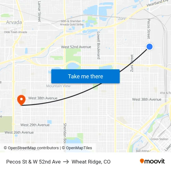 Pecos St & W 52nd Ave to Wheat Ridge, CO map