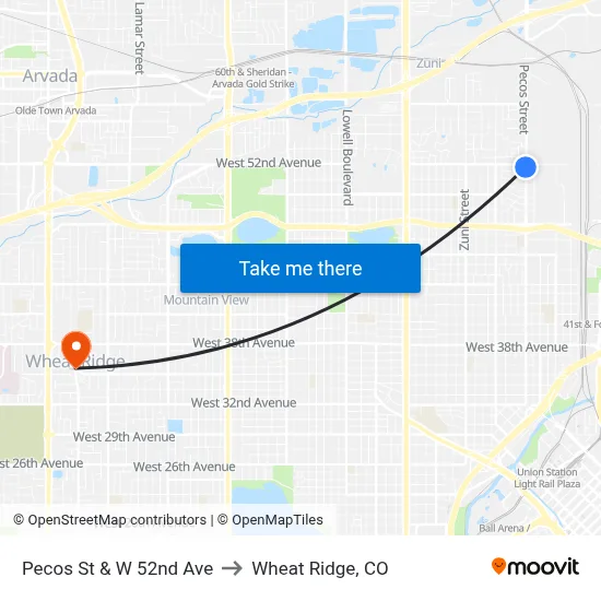 Pecos St & W 52nd Ave to Wheat Ridge, CO map